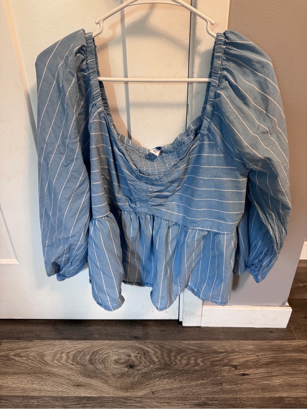 Old Navy Light Blue and White Striped Peasant Blouse